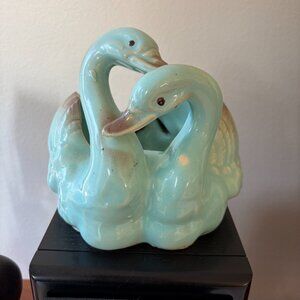 Mid century double swan ceramic turquoise planter 7"x 9" Vintage Japan